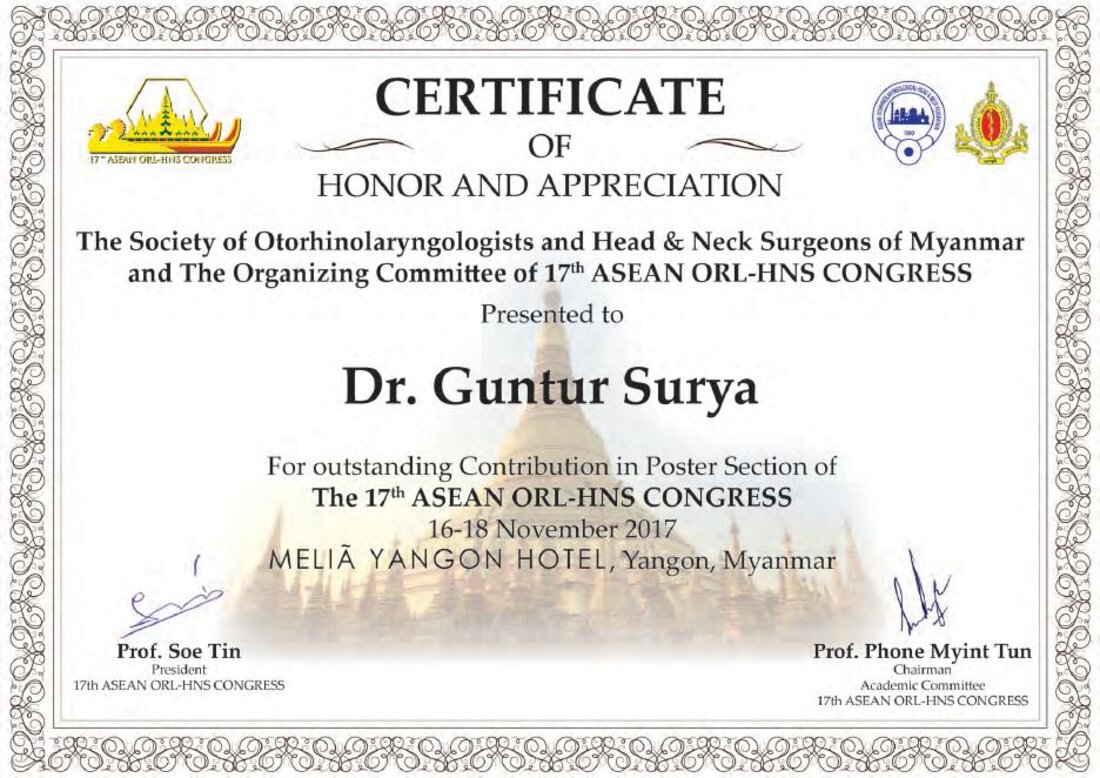 Honor & Appreciation 17th ASEAN ORL-HNS Congress Yangon 2017
